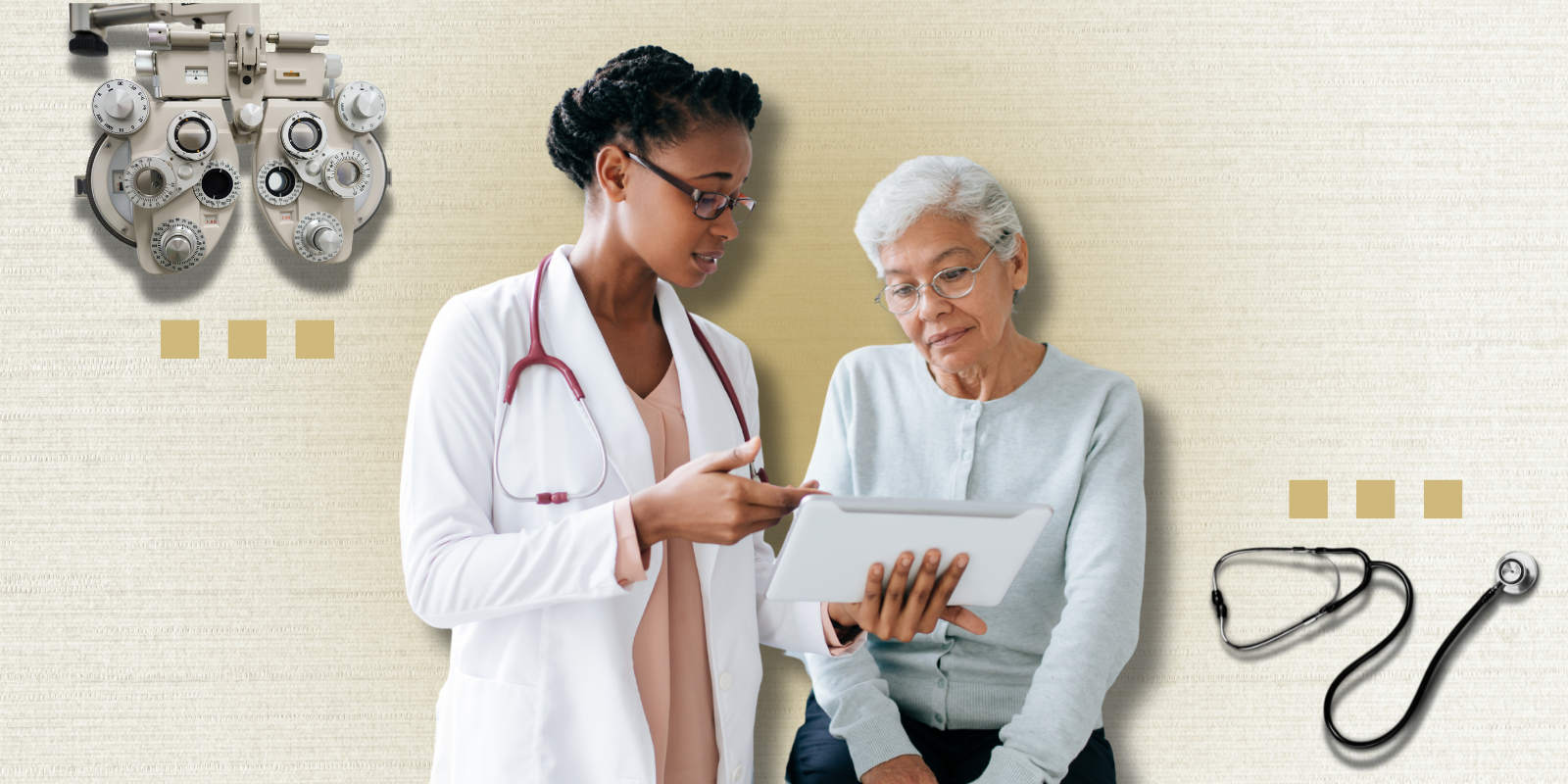 A doctor looks at paperwork with an older adult female patient.