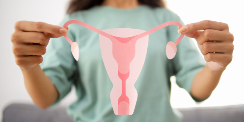 Woman holding a paper diagram of a uterus.