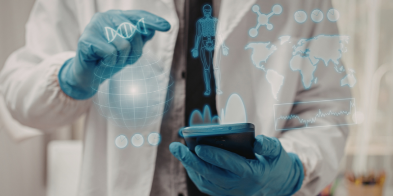 Technical research icons surrounding a person holding a phone.