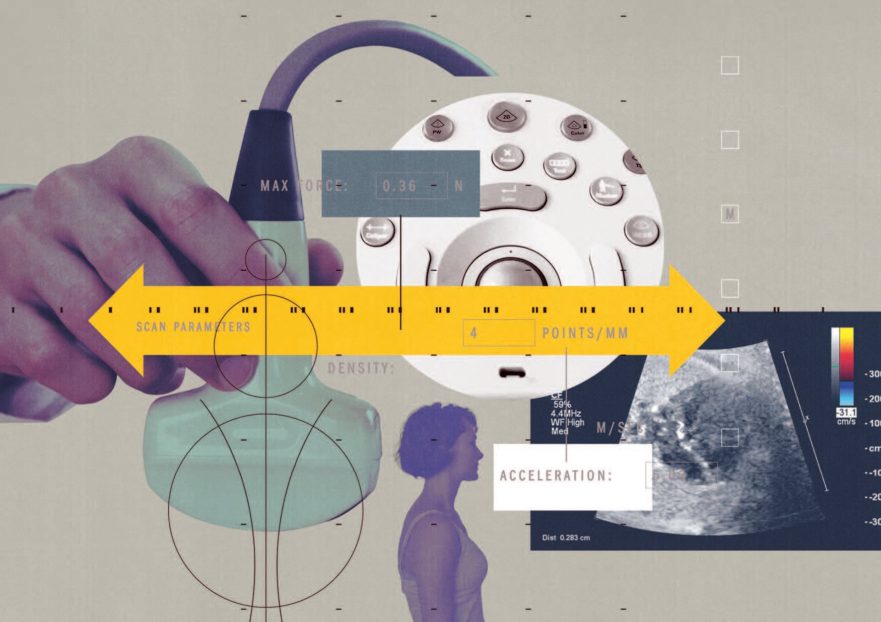 Collage of ultrasound tech, images, and it's operation