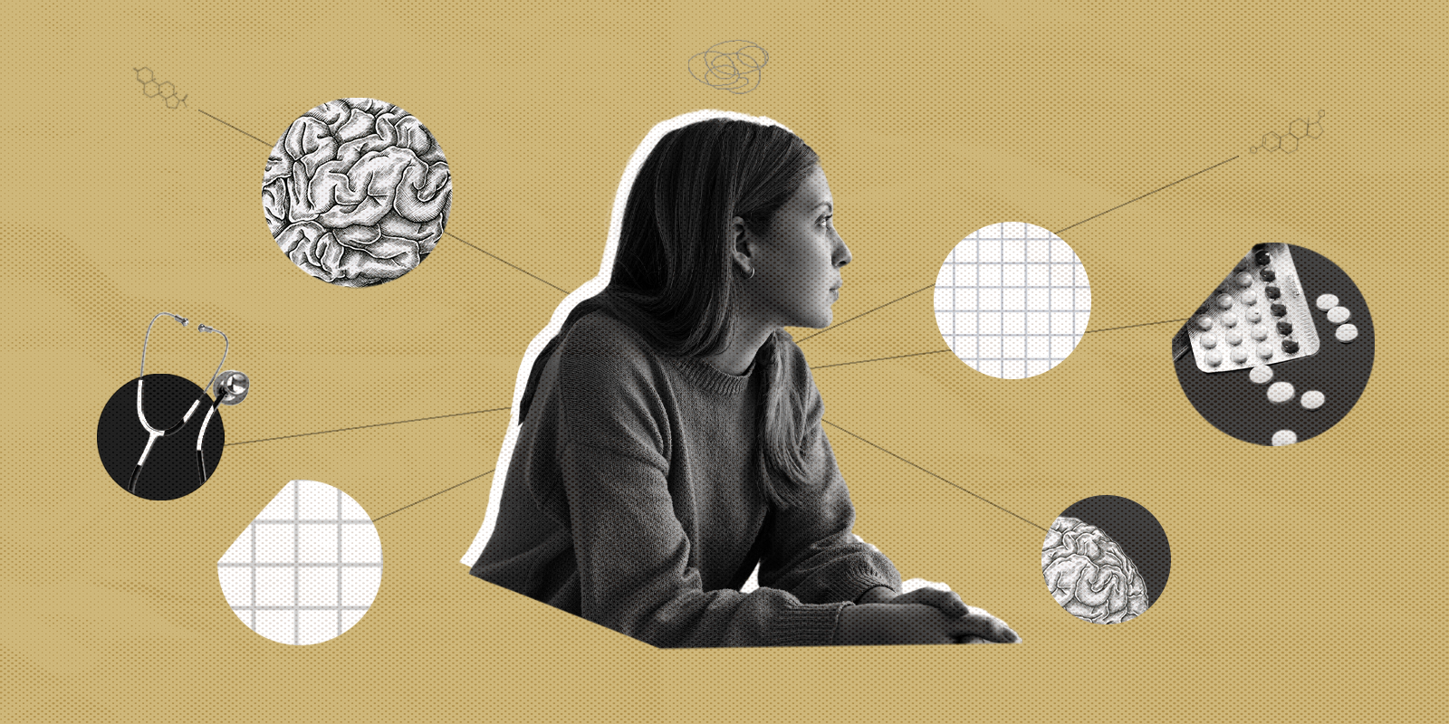 Graphic of a young woman staring soberly into space with circles depicting a brain, an oral contraceptive pill packet and a stethoscope circling around her.
