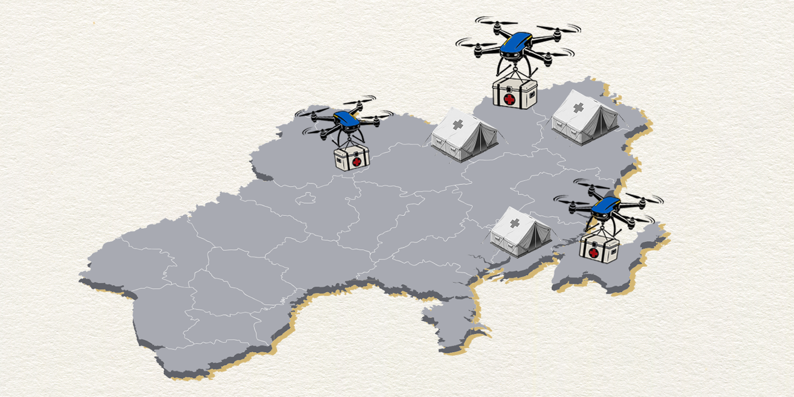 An illustration showing drones and a map of Ukraine.