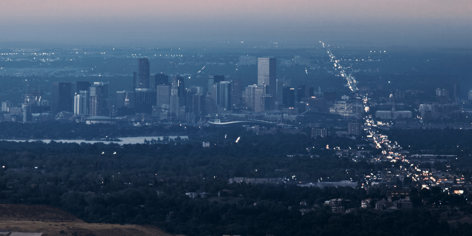 Aerial view of Denver at dusk