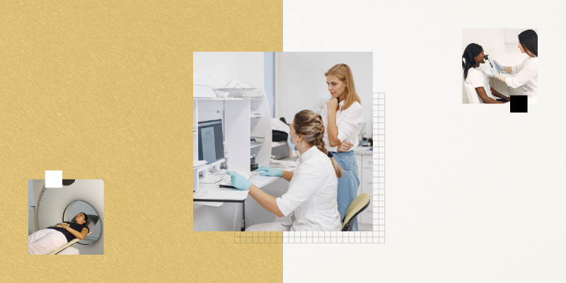 graphic with CU gold textured background on the left half and an eggshell color on the right half. The graphic has three images of women in healthcare and/or research settings. There are small accent blocks like a grid and small square shapes.