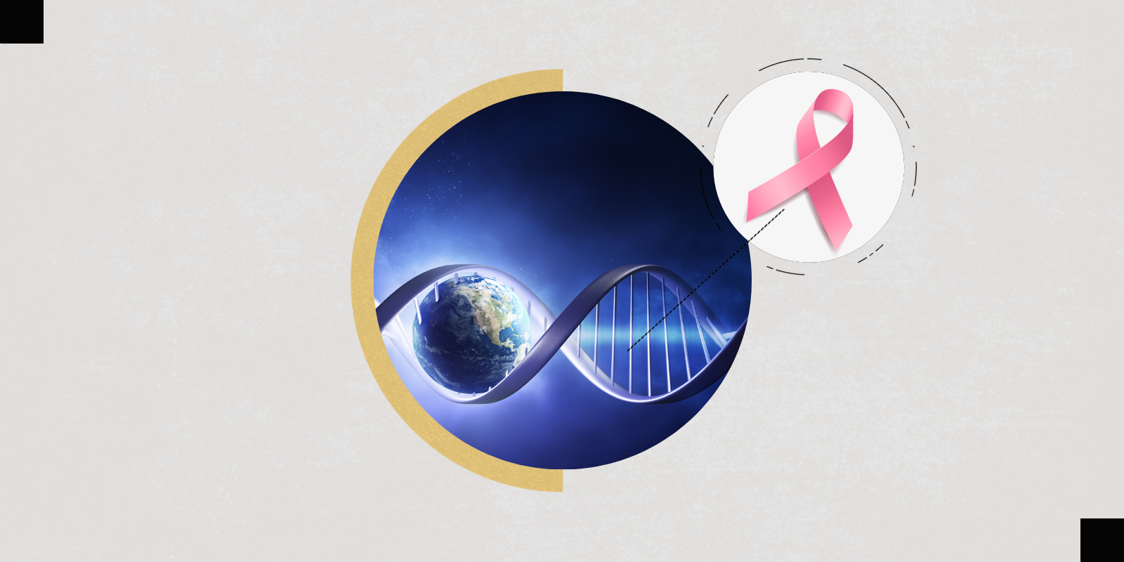 An illustration of a globe and DNA strand with a pink breast cancer ribbon