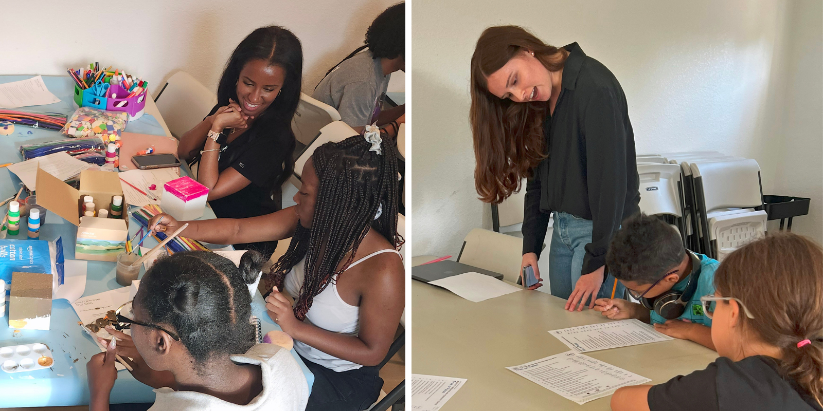 Ferdos Abdulkader (left) and Kenzie Hanigan work with children as part of their after-school skin-health education program in Denver and Aurora.