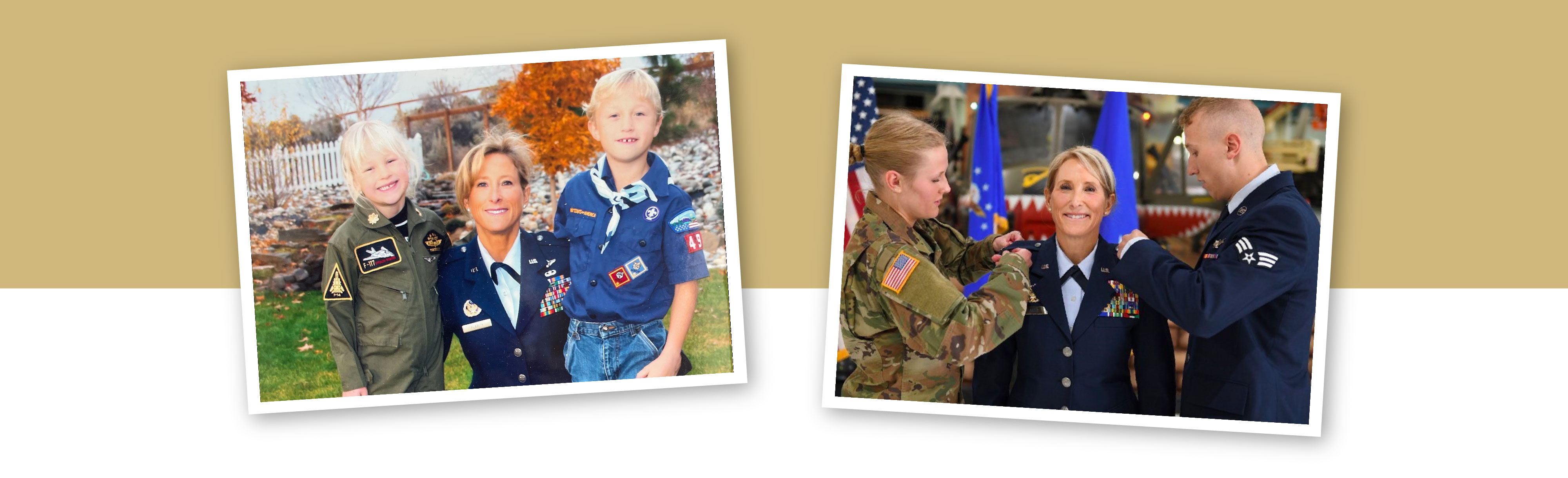 Kathleen Flarity in two photos, one flanked by son and daughter as children, one flanked by them as adults pinning her brigadier general star on