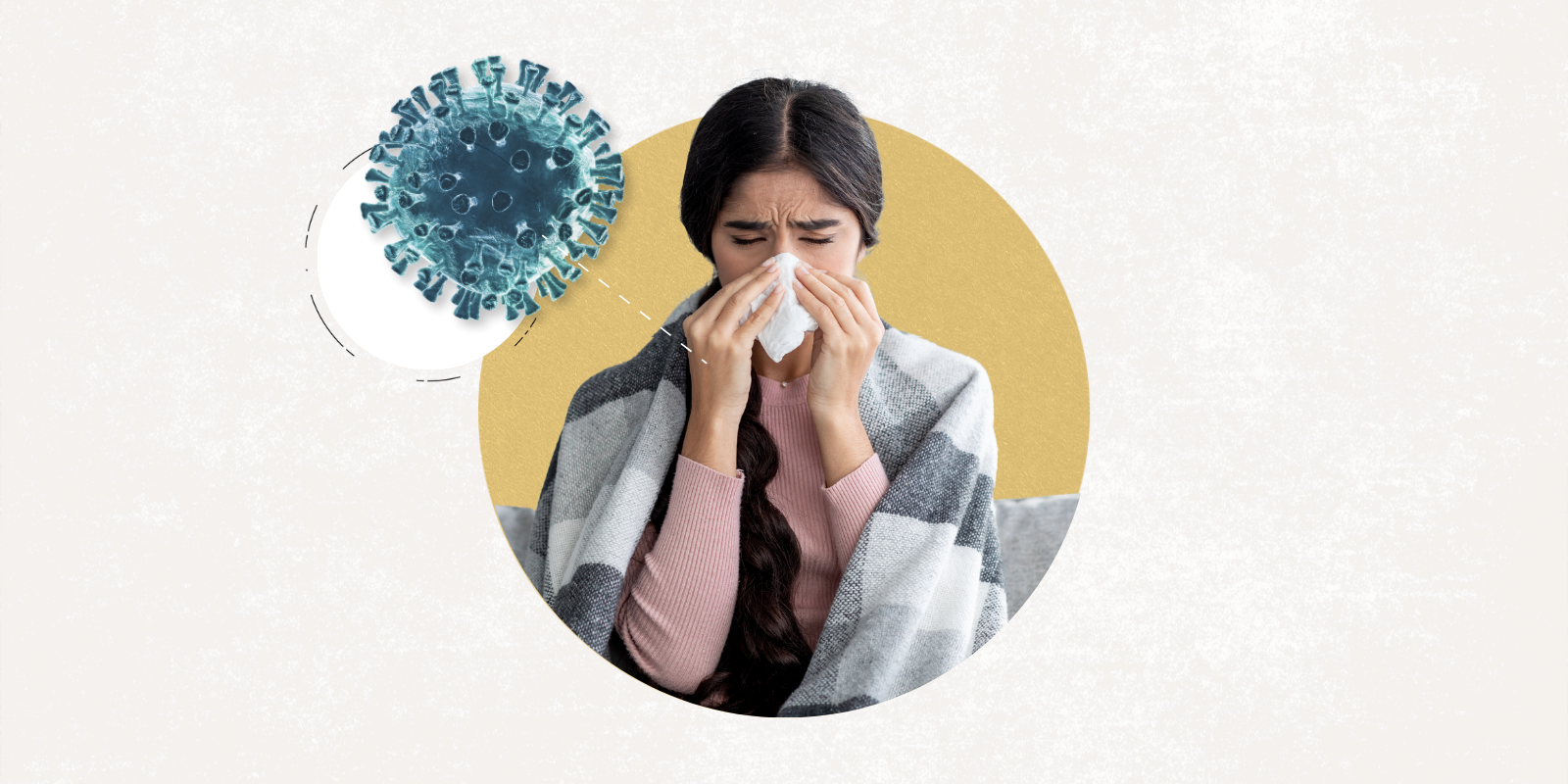 A woman with a blanket wrapped around her shoulders blows her nose with a tissue; a graphic image of virus superimposed above her head