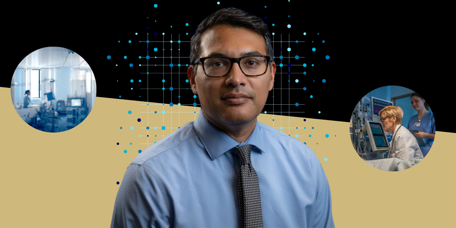 Tom Valley headshot paired with images from the ICU and a data network