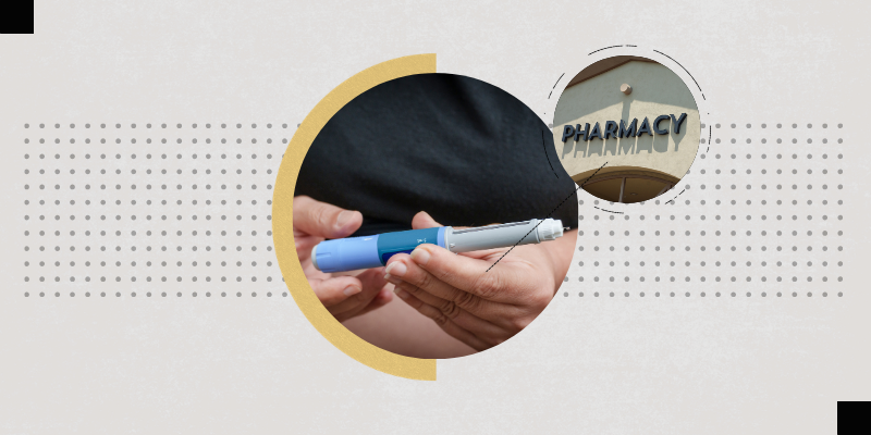 An illustration showing a GLP-1 drug and a pharmacy sign.