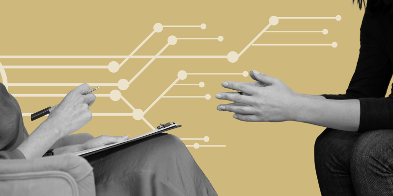 Graphic shows close up of a therapist and patient against a gold background.