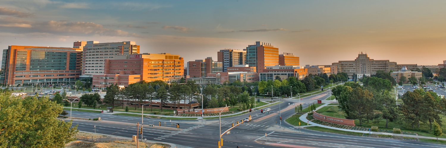 Photo of CU Anschutz campus at golden hour. 