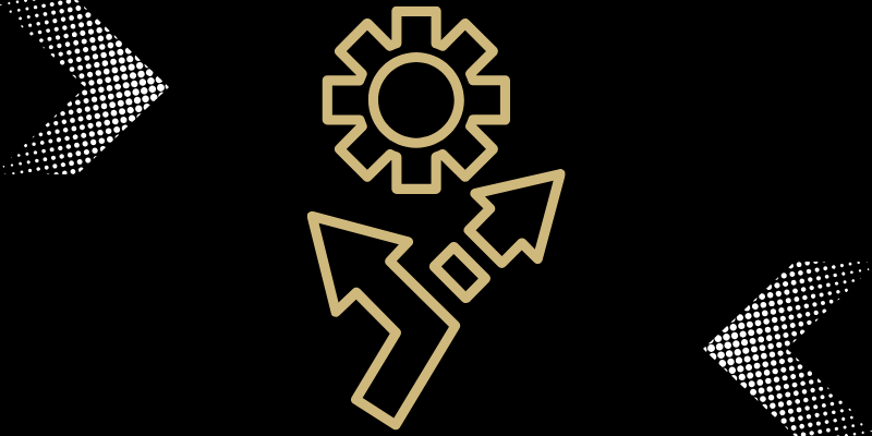 Arrows being rerouted around a machine part to illustrate a pivot