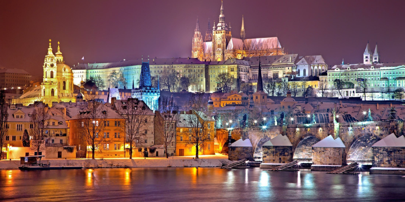 Prague lit up at night