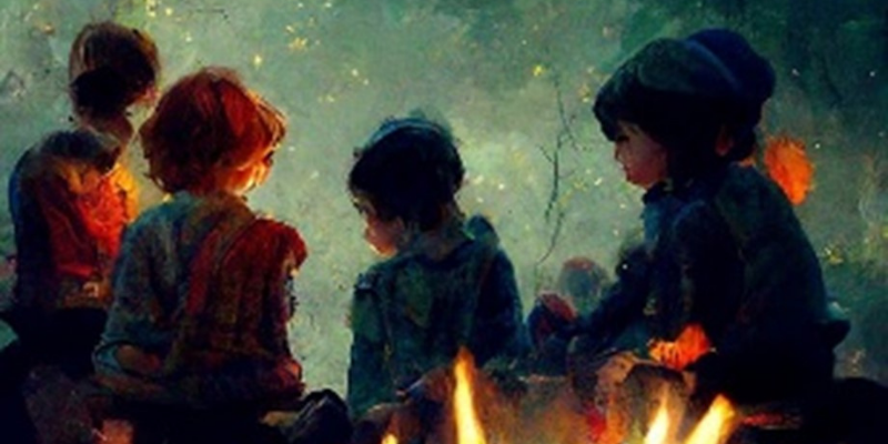 Painting of people sitting by a campfire. 