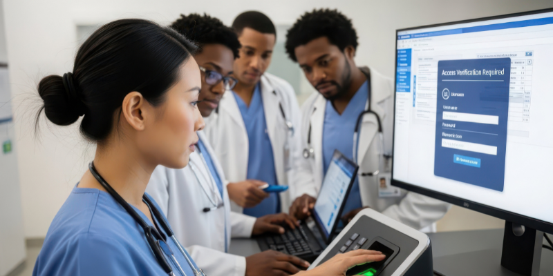 Health care professionals around a computer