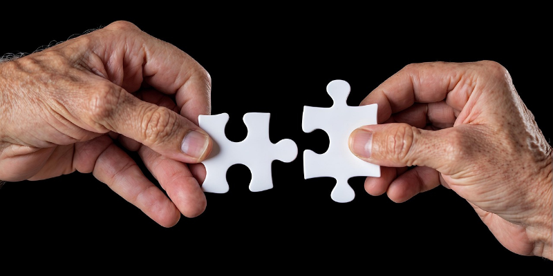 Hands holding white puzzle pieces