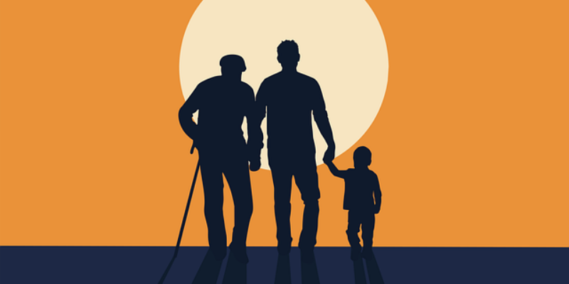 Silhouette of a family walking toward the sun