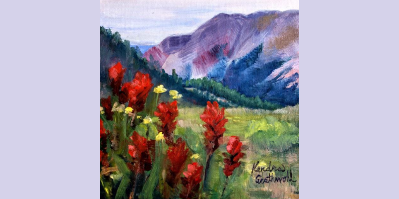 Painting of mountains with flowers