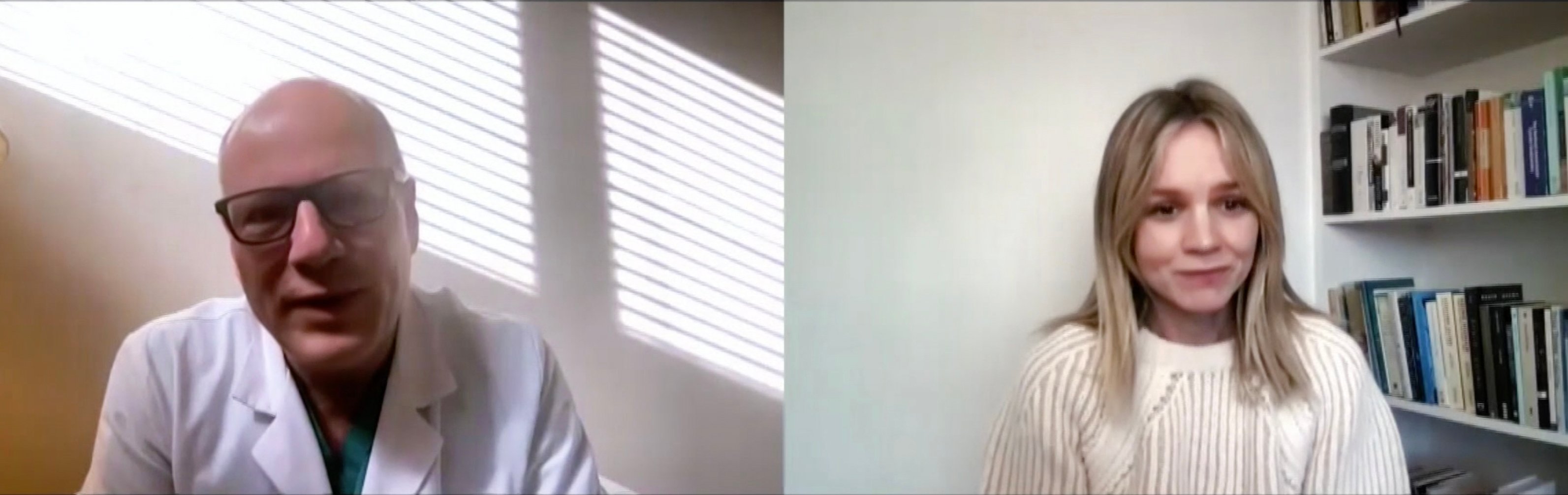 Zoom shot of Dr. Holguin and Carey Mulligan