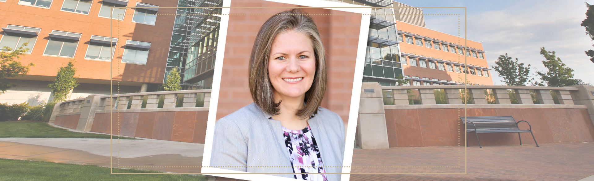 Dr. Kimberly Stultz is centered in a professional headshot. Behind her is the school of pharmacy building. 