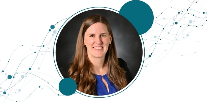 Irina Kasarskis framed with waves, lines and circles colored in Teal