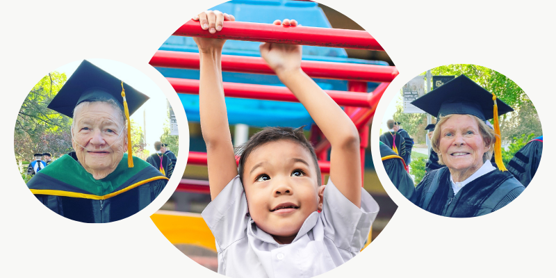 Child boy playing and hanging from a steel bar at the playground with image collage of Dr. Bonnie and Dr. Nancy in scene