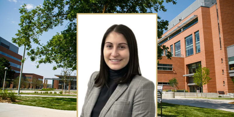 Headshot of Gabriella Agostaro against Ed 2 N and Fulginiti as backdrop on sunny day