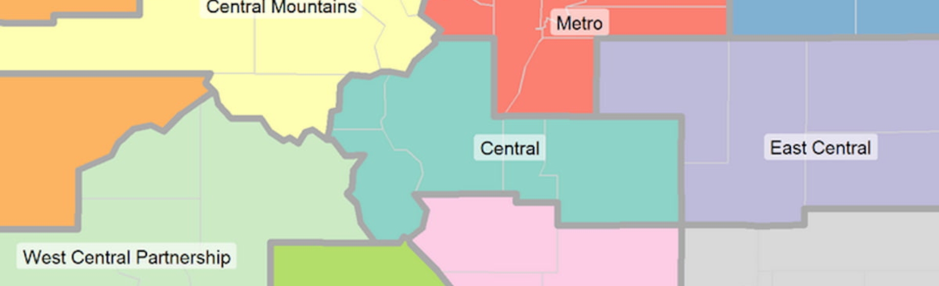 Map of areas of Colorado: Central Mountains, Metro, East Central, Central, West Central Partnerships