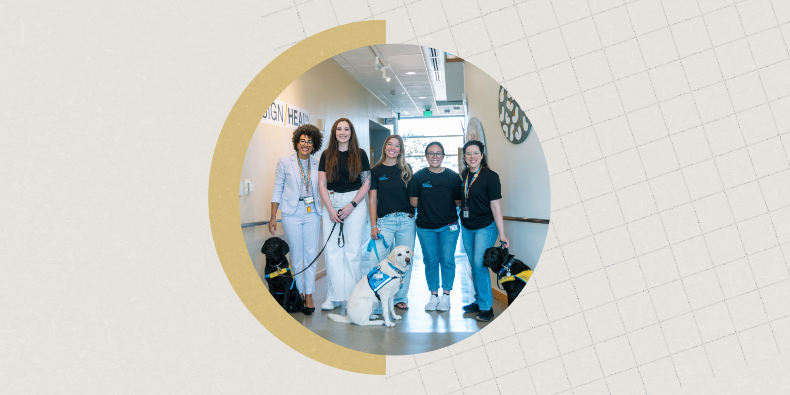 From left: Erika Freitas (IPE Collar Scholars Faculty Advisor), Holly Nowack ( IPE Collar Scholars Co-President, School of Dental Medicine), Olivia Buss (IPE Collar Scholars Treasurer, SSPPS), Faith Jung (IPE Collar Scholars Co-President, MS Graduate Student, SSPPS) and Giselle Martinez (IPE Collar Scholars Vice President, SSPPS). The dogs from left to right are Glenn (service dog in training), facility dog Peppi (a graduate, also called "the Dogtor" at HCA HealthONE Rose Medical Center, Denver)  and Blintz (service dog in training). Leaders missing from this picture are Zandra Chisolm-El (IPE Collar Scholars Secretary) and Reesie Roland (IPE Collar Scholars Co-Advisor). 