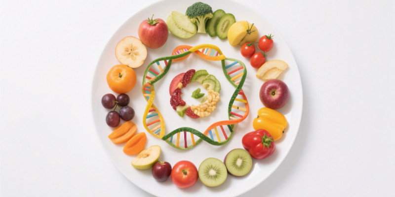 Plate of colorful fruits and vegetables circling DNA double helix strands