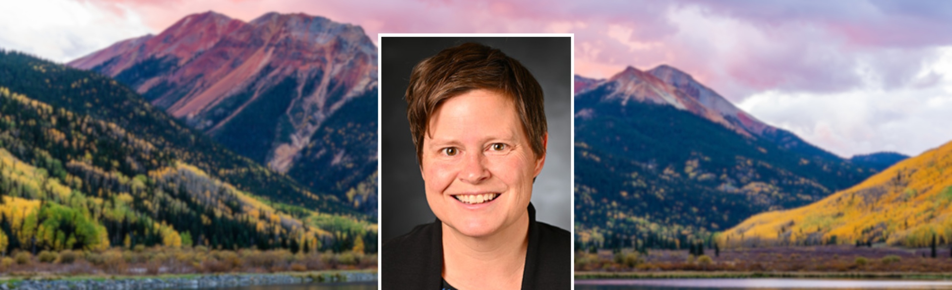 Headshot of Sarah Schmiege on Colorado background