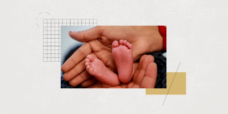 Illustration featuring big hands protecting a baby's feet