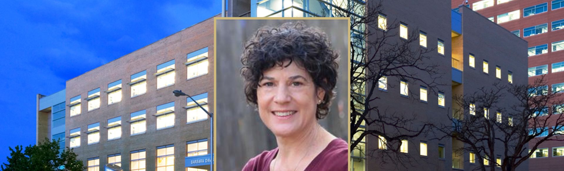 Lori Sussel head shot superimposed over diabetes research building