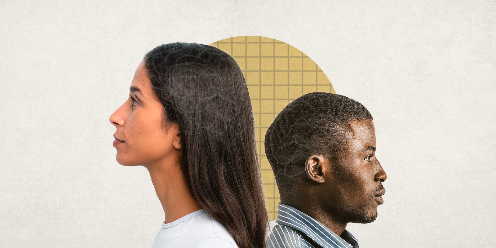 A woman's and man's side head shots placed back to back with the woman's image larger