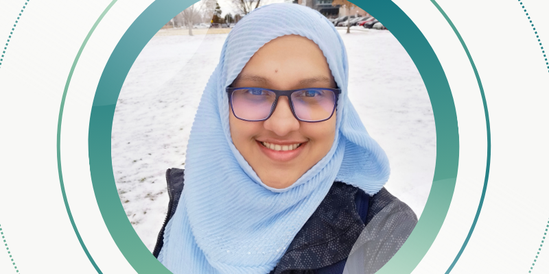Mahfuza Haque Mahi portrait enveloped in teal rings on a white background
