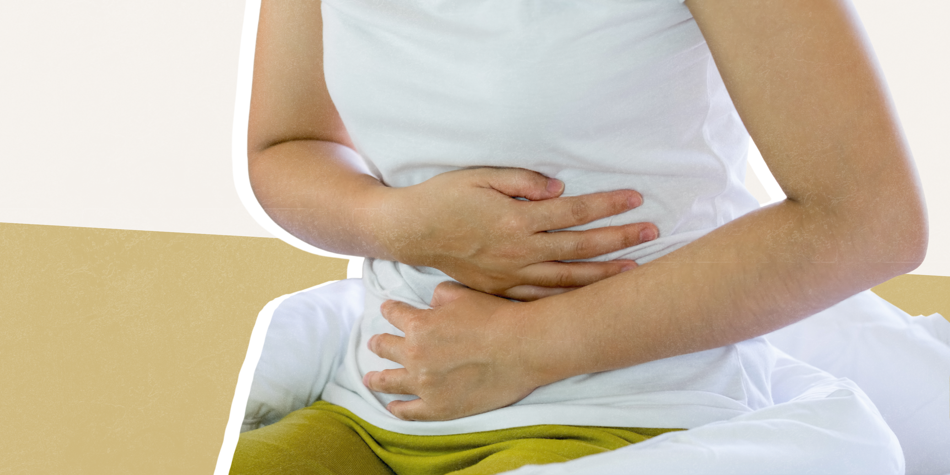 A woman holds her stomach in pain, against a gold and black illustrated background. 