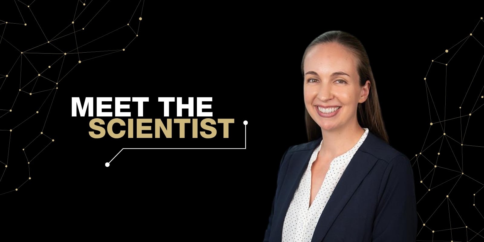 Sarah Clark headshot overlayed on a stylized Meet the Scientist graphic