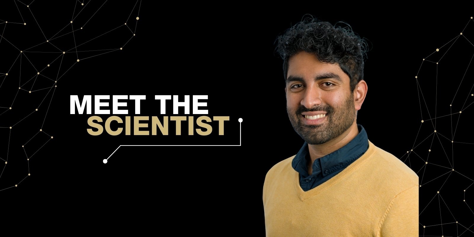 Stylized image of researcher Siddharth Krishnamurthy on a Meet the Scientist banner