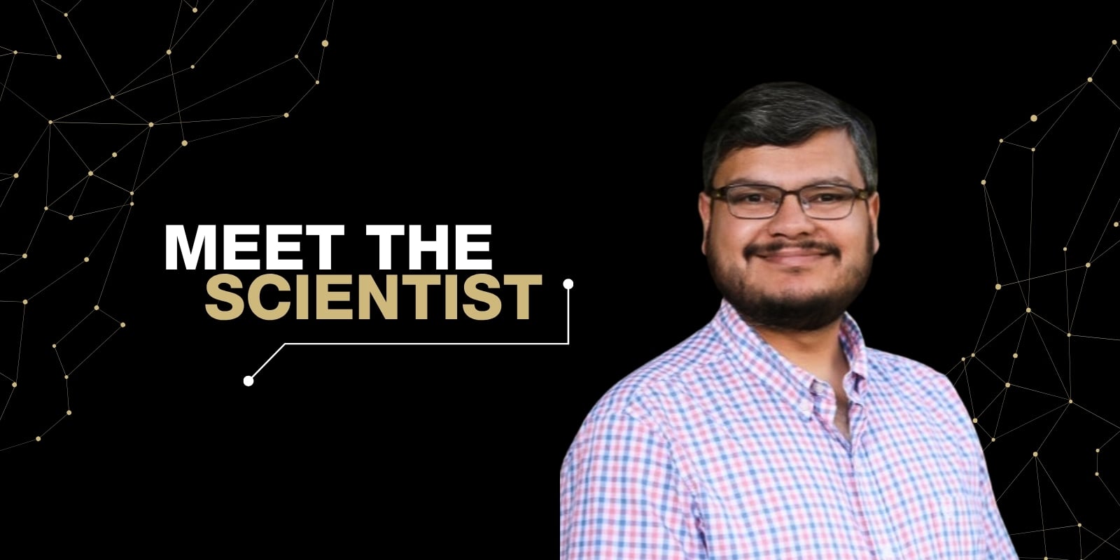 Stylized graphic showing researcher Srinivas Ramachandran beside Meet the Scientist headline