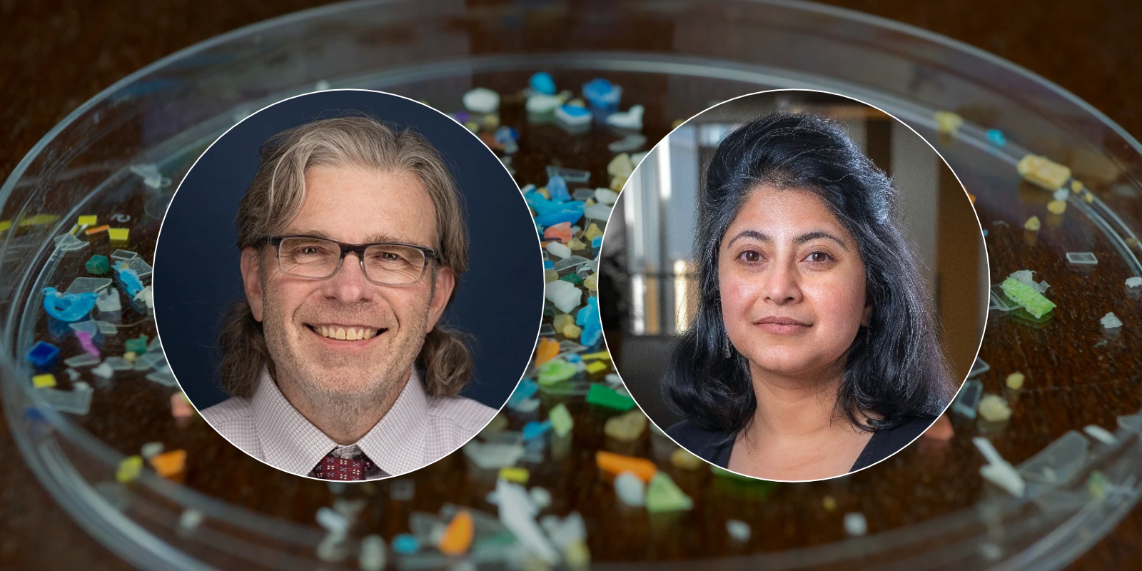 Bruce Dye, DDS, MPH, and Devatha Nair, PhD, headshots with image of microplastics in petri dish 