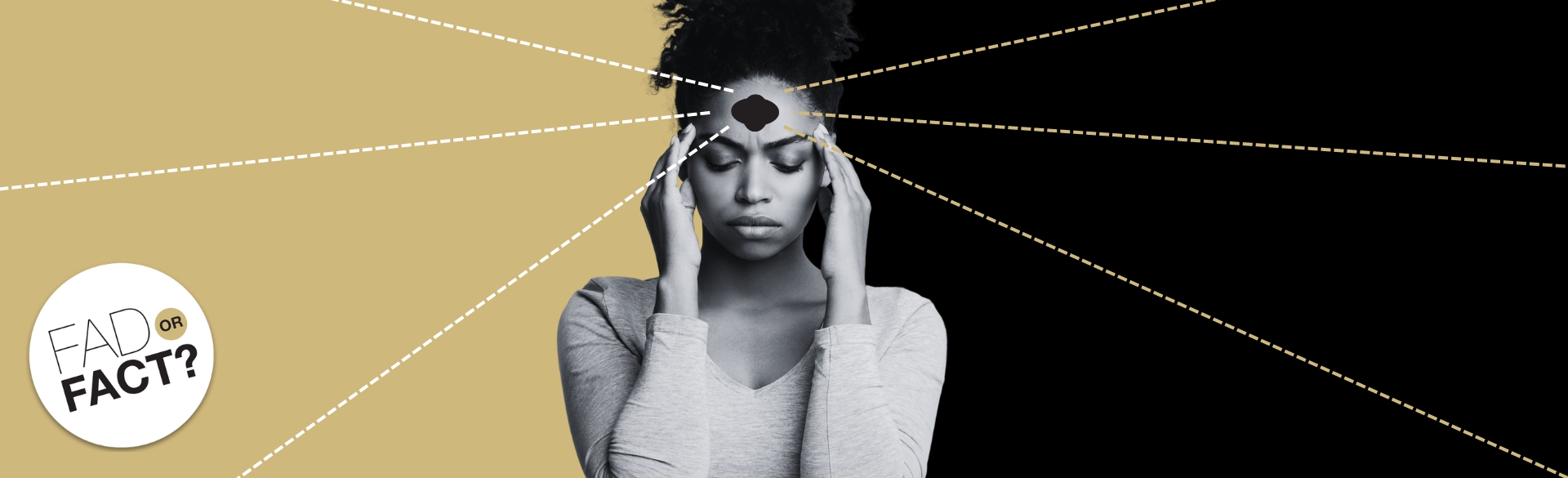 In a stylized image, a woman holds her head in pain as lines eminate from her forehead - meant to symbolize the discmfort of a migraine. 