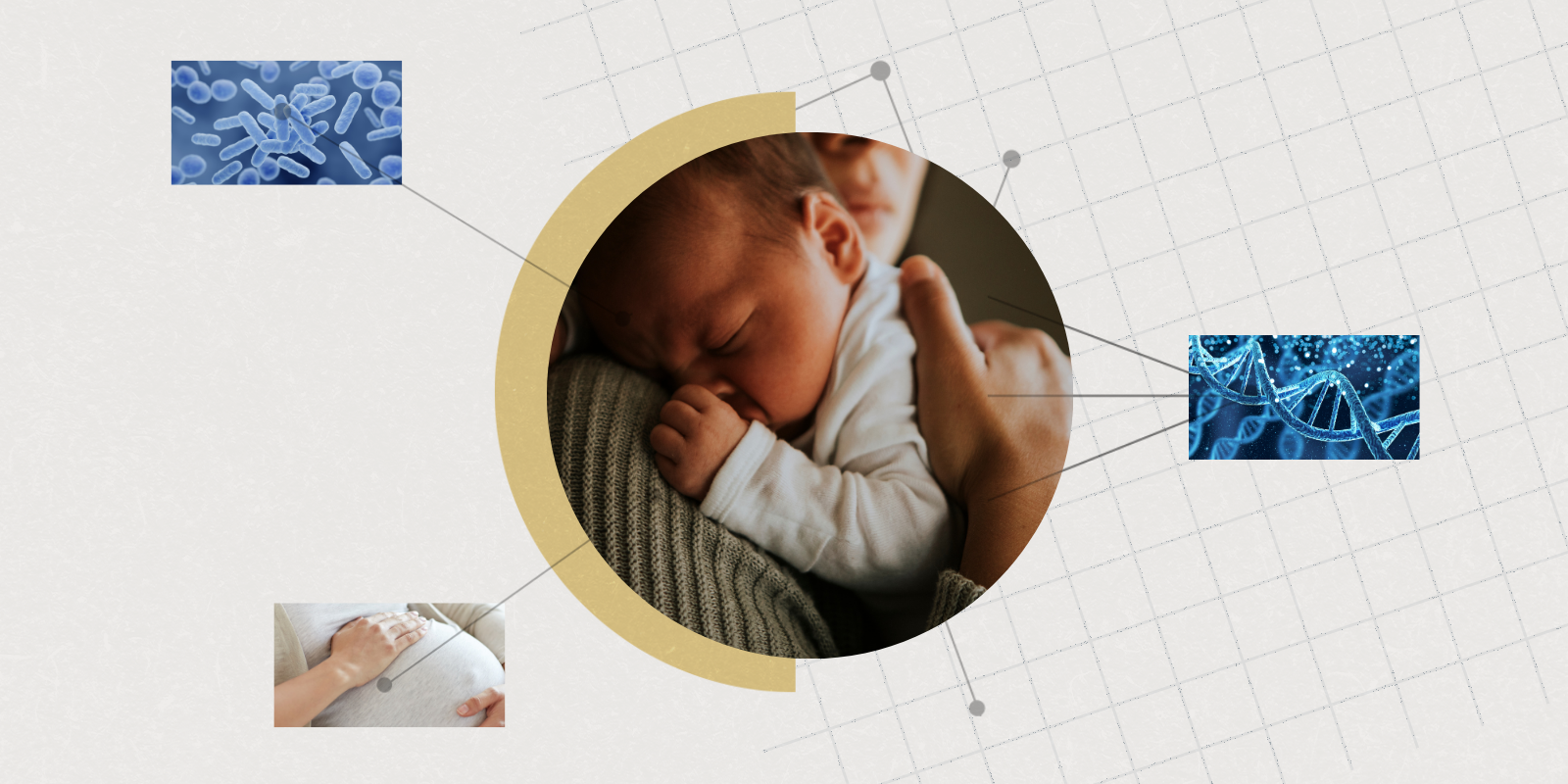 A circular photo of a mother holding a sleeping newborn to her chest surrounded by three smaller circles framing: an array of microbes; DNA strands; and closeup of a pregnant belly cradled by mom’s hands.