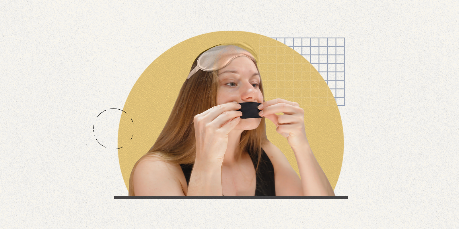 Photo of a young woman in a black tanktop superimposed over a gold circle with a sleep eye mask perched on her head as she covers her mouth with a wide strip of black tape