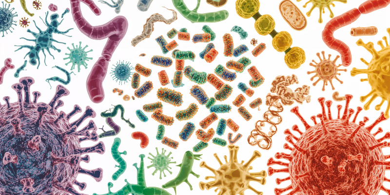 Multi-colored gut bacteria interacting