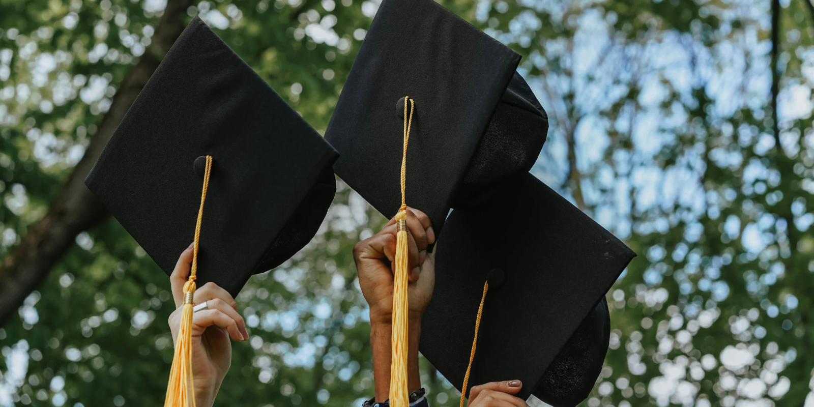 Photo of 3 graduates holding up mortar board caps; Natalie Schwatka, Amy Schamberg, Nick Williams.