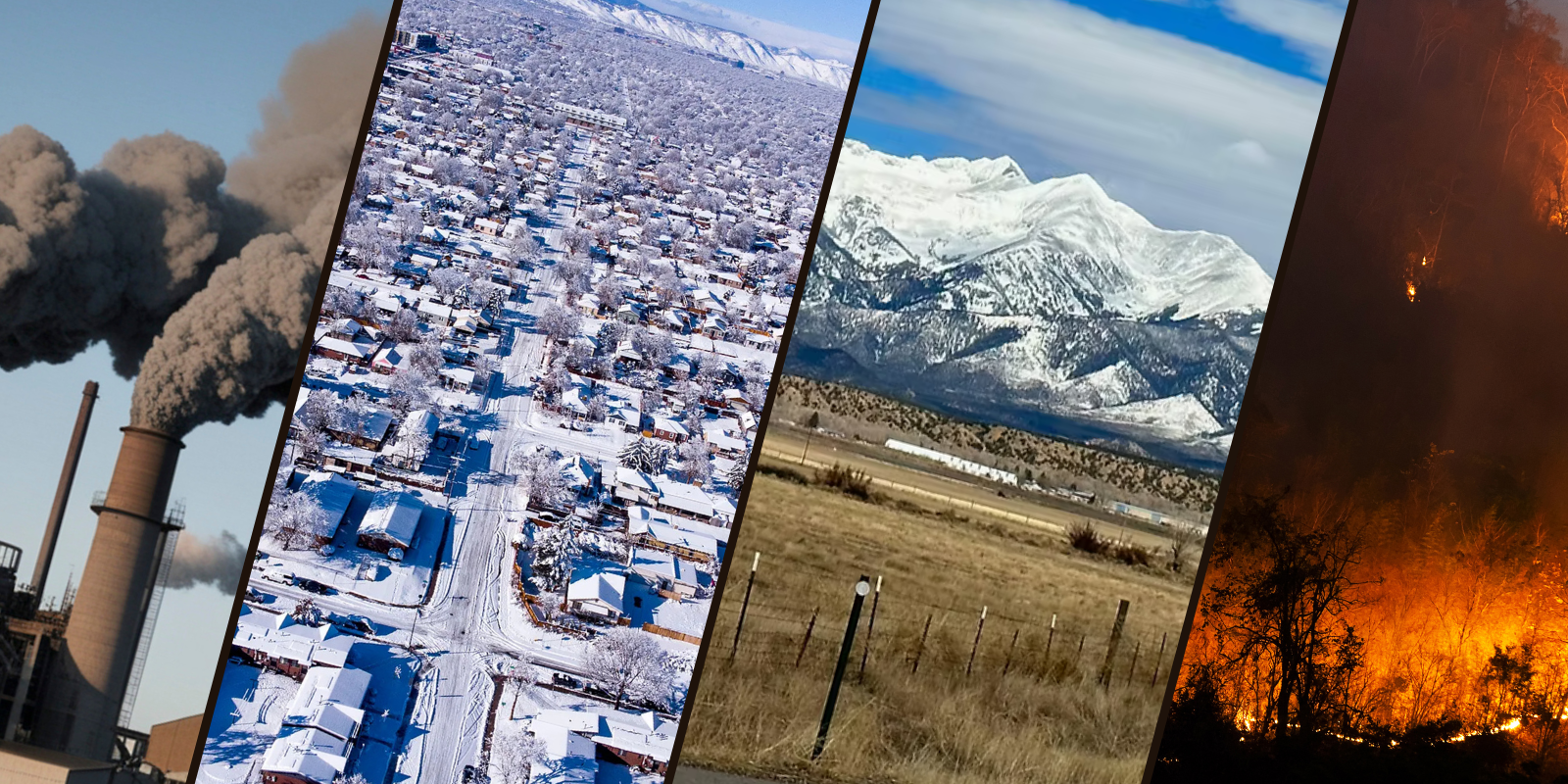 Photos of West Denver and San Luis Valley with surrounding photos of environmental stressers (factory output and wildfires).