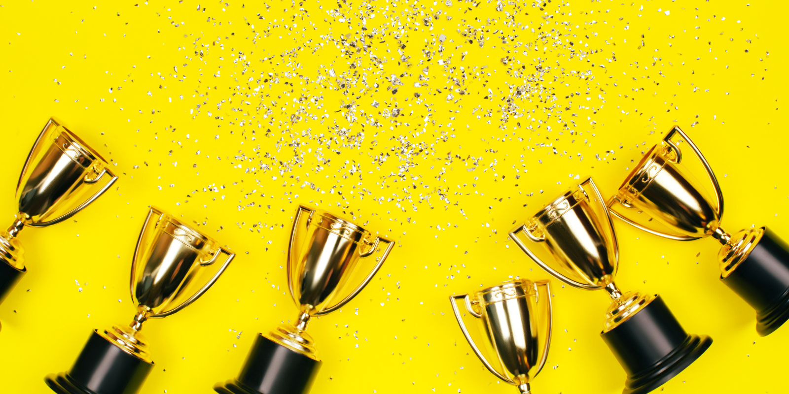 Header photo with yellow background and multiple trophies.