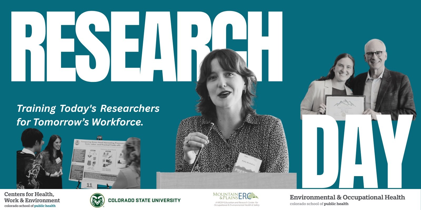 Research Day snapshots - black and white photos of attendees presenting overlayed upon text.