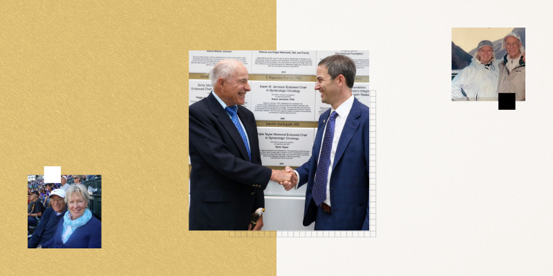 Norm Taylor shakes hands with Bradley Corr, MD, the Katie Taylor Memorial Endowed Chair in Gynecologic Oncology